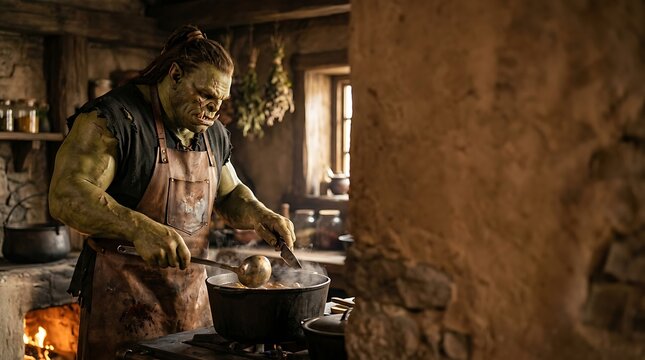 Large orc chef cooking stew in a rustic medieval stone kitchen