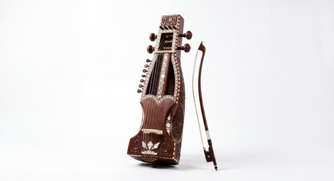 A wooden Sarangi string instrument with a bow standing upright against a plain white background.