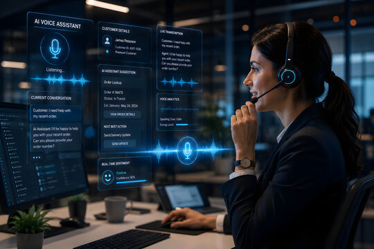 AI voice assistant supporting customer service agent with real time transcription, sentiment analysis and automated support tools