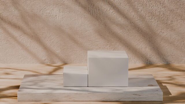 Minimal product display podium with white cube blocks on marble platform with moving tree branch shadows on beige concrete wall background.