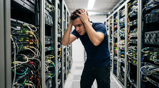 Frustrated network engineer looking at chaotic messy cables in datacenter