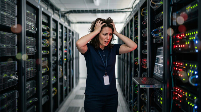 Stressed female network administrator holding laptop in dark server room