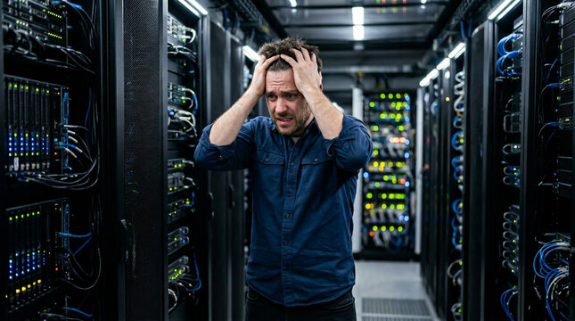 Panicked technician grabbing hair during system error in server room