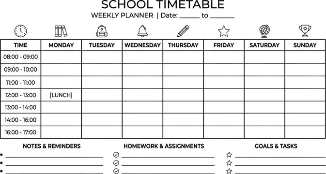 School timetable template for students with space for notes and reminders