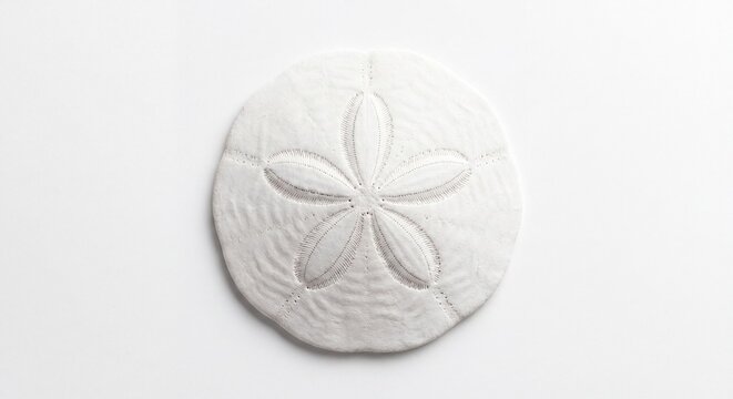 A detailed top-down view of a white sand dollar specimen isolated against a clean white background.