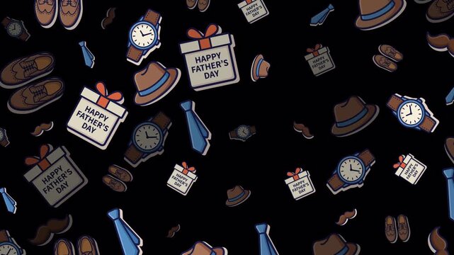 Seamless looping Father&rsquo;s Day sticker pattern with gifts, hats, ties, watches, shoes, and mustaches on a transparent background. Playful motion graphic with RGB+alpha for overlays.