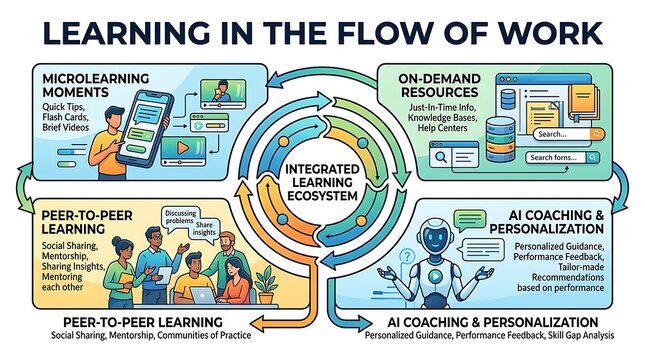 Infographic illustrating learning in the flow of work ecosystem