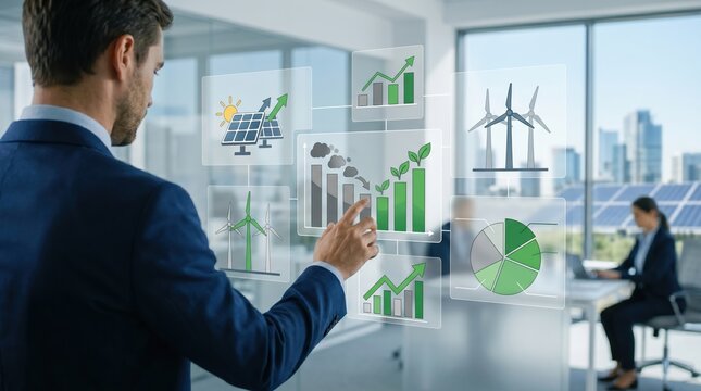 Businessman interacting with holographic sustainable energy charts, solar panels, wind turbines, green growth graphs in modern office environment