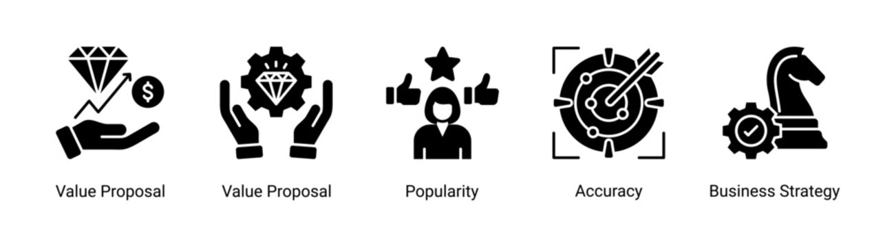 Business value icon set featuring value proposition,strategy,popularity and accuracy concepts for marketing,branding and business development projects.