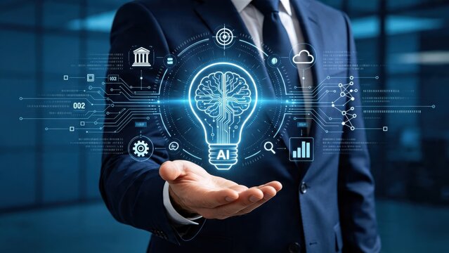 Hand holding glowing light bulb with brain circuit pattern representing artificial intelligence innovation, machine learning concept in business technology background