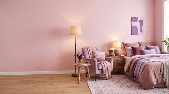 Cozy pink bedroom interior with purple armchair and warm lighting