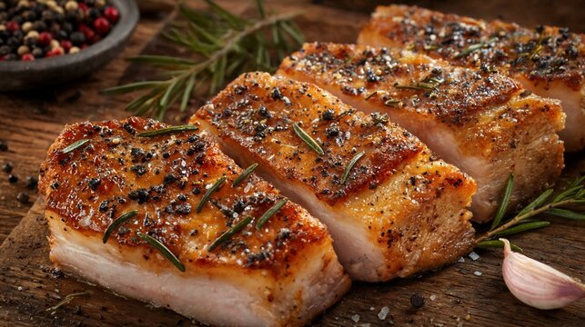 Delicious pork chops seasoned with herbs and spices on wooden cutting board