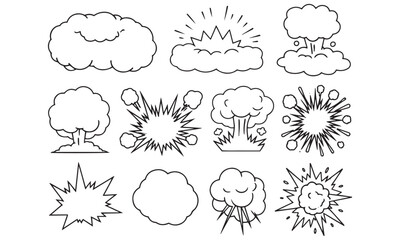 Set of comic book style explosion clouds and boom blasts line art elements vector illustration background © NvM