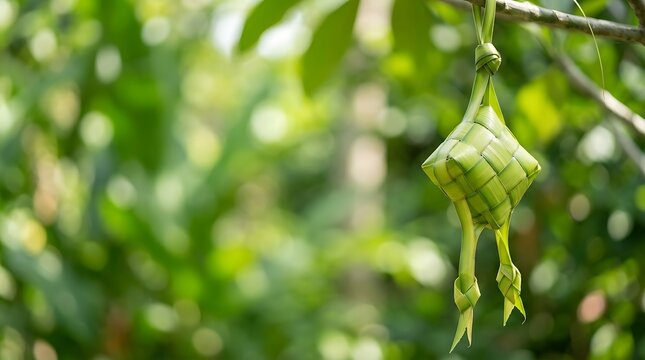 Traditional woven palm leaf ketupat hanging from a tree branch