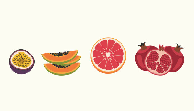 Assortment of sliced exotic fruits including passion fruit papaya grapefruit and pomegranate on light background.