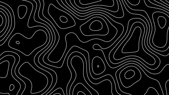 Abstract white topographic map line patterns waving slowly for geography concept vfx mountain terrain outline video backdrop loop element on black background