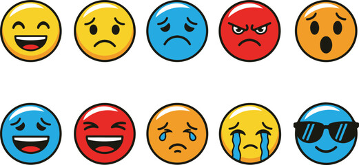 Fototapeta premium A collection of various emoticon faces expressing different emotions are shown.