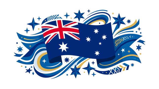 Patriotic australian flag surrounded by festive stars and ribbons