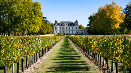 Fototapeta premium Elegant Vineyard Landscape in Bordeaux, France Featuring Grand Chateau Surrounded by Lush Greenery