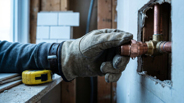 Closeup of a plumbers gloved hand installing a copper pipe fitting into a wall during a home renovation project