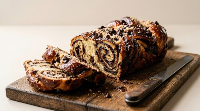 Decadent chocolate babka bread sliced on a rustic wooden board with a knife, showcasing rich swirls and a nutty topping.
