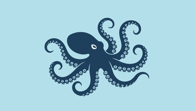 Dark blue octopus with detailed suckers on its writhing tentacles swimming in a light blue ocean environment.