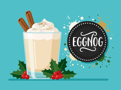 Festive Eggnog drink adorned with cinnamon sticks and holly berries, perfect for winter holidays