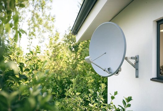 Modern satellite television dish installed on a country house exterior wall providing clear digital signal reception, communication connectivity, broadcasting, and reliable home entertainment system