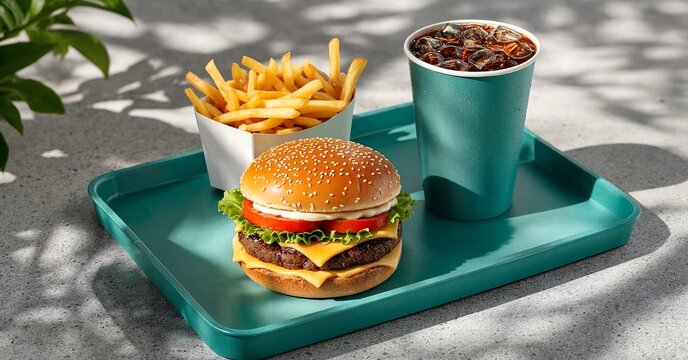 Double cheeseburger with fries and soda on green tray outdoors