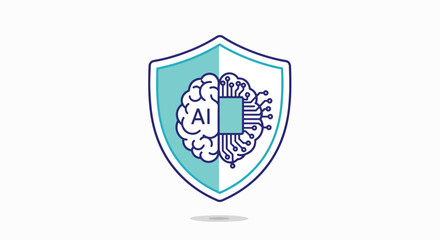Naklejka premium Shield logo with brain and AI text on a white background with a blue outline and light blue section.