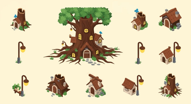 Whimsical Tree House Village with Fantasy Characters and Lanterns.