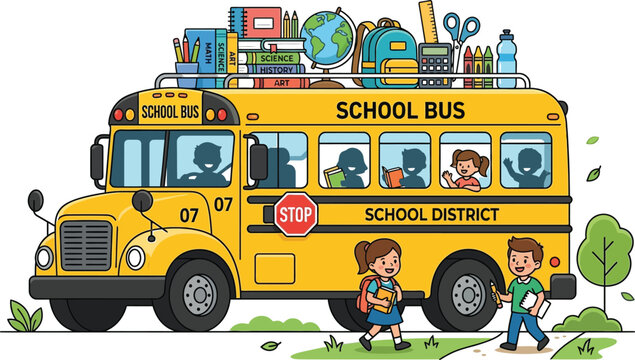 Colorful illustration of a school bus with kids and school supplies on a sunny day with a globe and books on top.