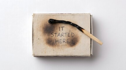 Fototapeta premium A single burnt match lying on a charred cardboard matchbox with the words 