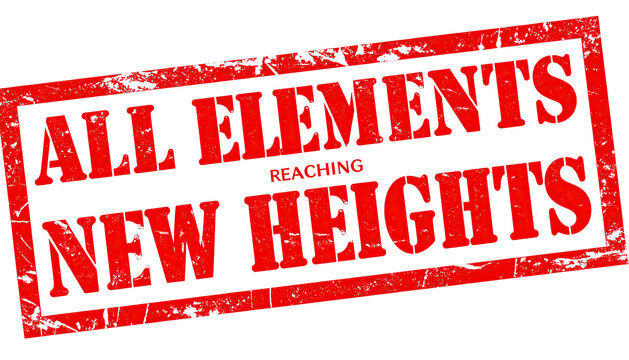 Stamped, tilted text reading "All Elements New Heights" in blocky red