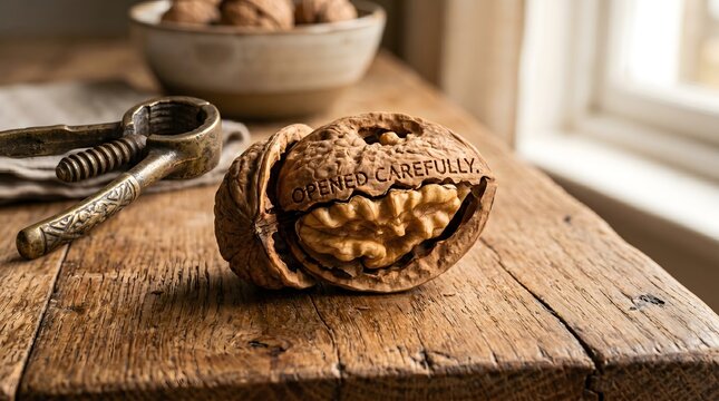 Conceptual still life of a walnut on a rustic wooden table with a nutcracker, featuring the text 'OPENED CAREFULLY' engraved on the shell as a metaphor for precision and gentleness.