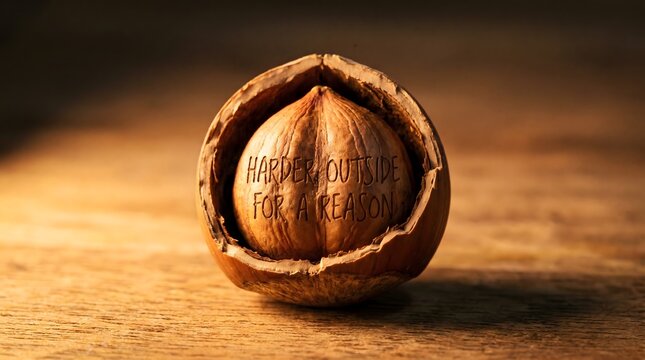 A cracked hazelnut on a warm wooden surface revealing an inner kernel carved with "Harder Outside For A Reason", symbolizing protective barriers, resilience, and inner strength.