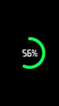 Glowing green digital circular progress bar loading up from 0 to 100 percent with white futuristic numeric percentage indicators on a black background for tech interface design