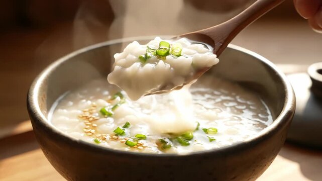 Steaming bowl of white rice porridge or congee being stirred with a wooden spoon, topped with fresh sliced green onions and oil in a dark ceramic bowl under warm natural sunlight.