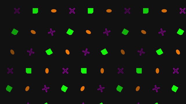 Animated Y2K Geometric Background with Floating Green Squares Purple Crosses and Orange Ovals