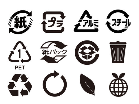 リサイクル識別表示マークとゴミ分別やエコのアイコンが並ぶシンプルなベクターイラスト素材