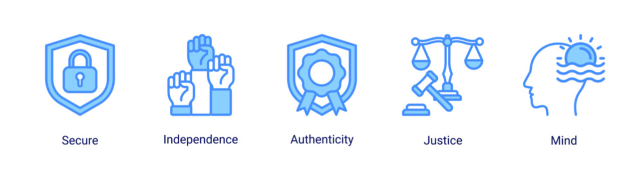 Human values icon set featuring independence,authenticity,justice and personal awareness concepts for education,coaching and self development projects.
