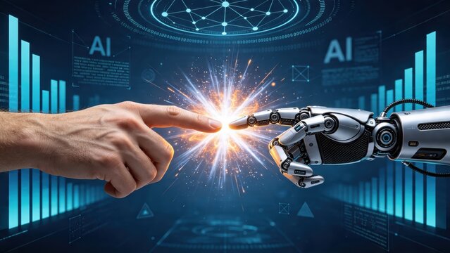 Human hand touching robotic finger with glowing spark connection, symbolizing artificial intelligence partnership