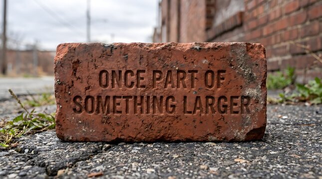 A weathered red brick engraved with 'ONCE PART OF SOMETHING LARGER' rests isolated on asphalt, representing a profound metaphor for lost connection, individuality, and forgotten history.