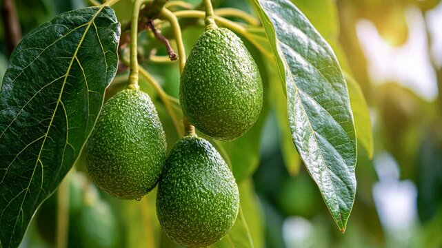 Green avocado fruit hanging tree branch with fresh green leaves sunlight natural healthy tropical organic agriculture ripe plant