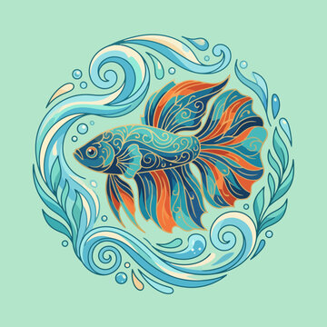 A beautiful betta fish swimming in swirling blue water waves