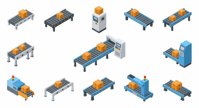 Isometric illustration of conveyor belts and industrial machinery.