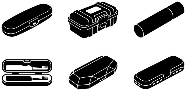 Set of Six Black Storage Cases, Travel Containers, and Protective Boxes, Vector Icons for Organization and Portability