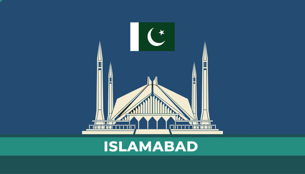 Islamabad travel banner featuring the iconic Faisal Mosque architecture and national flag of Pakistan.