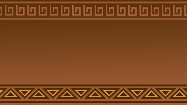 A combined Greek key and triangle zigzag border pattern in gold tones framing a warm brown wood textured panel