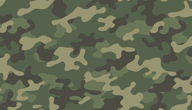 Classic military camouflage seamless pattern with abstract organic shapes in green, brown, and khaki beige colors.